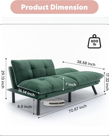 Velvet Convertible Futon Sofa Bed, 71" Comfy Loveseat Sleeper Sofa with Adjustable Backrest Armrest, Strengthen Wood, 7" Thick Padded Cushion, Small 2 Seater Couch for Living Room, Bedroom - LeafyLoom