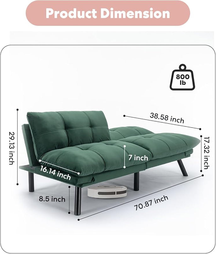 Velvet Convertible Futon Sofa Bed, 71" Comfy Loveseat Sleeper Sofa with Adjustable Backrest Armrest, Strengthen Wood, 7" Thick Padded Cushion, Small 2 Seater Couch for Living Room, Bedroom - LeafyLoom