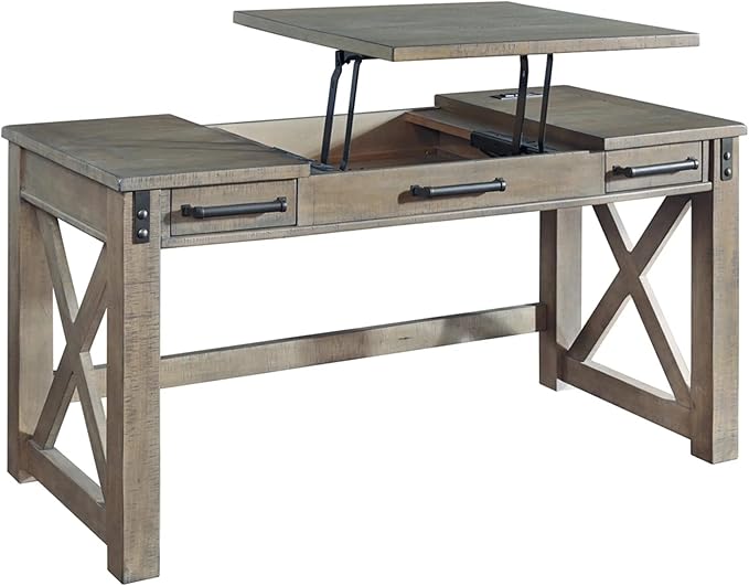 Signature Design by Ashley Aldwin Rustic Farmhouse 60" Home Office Lift Top Desk with Charging Ports, Distressed Gray - LeafyLoom