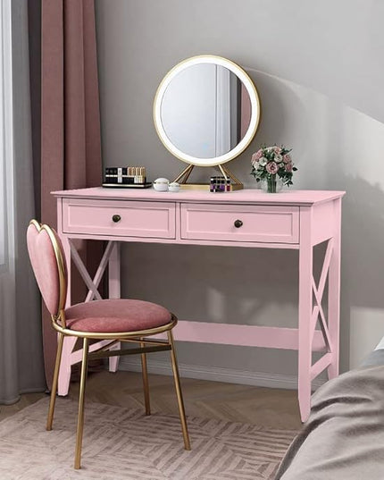 Writing Computer Desk with Drawers, Cute Modern Table for Bedrooms, Pink Vanity Table Office Desk with Drawers, Home Computer Desk for Girls Living Room Entryway, Pink - LeafyLoom
