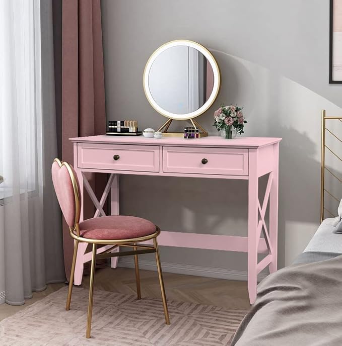 Writing Computer Desk with Drawers, Cute Modern Table for Bedrooms, Pink Vanity Table Office Desk with Drawers, Home Computer Desk for Girls Living Room Entryway, Pink - LeafyLoom