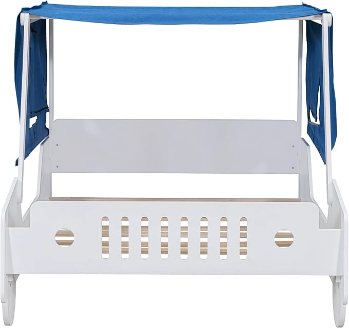 Full Size Kids Car Bed with Tent Canopy & Wheels,Wood Bedframe W/Safty Grille,Raised Base Design,Easy to Assemble,Toddler Boys Car-Shaped Bedroom Beds for Reading Playing Relaxing,White - LeafyLoom
