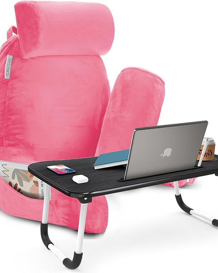 Clara Clark Reading Pillow with Portable Lap Desk for laptop Set, Back Pillow for Sitting Up in Bed, Memory Foam Back Support Pillow, Bed Rest Pillow with Foldable Laptop Desk, Large - Light Pink - LeafyLoom