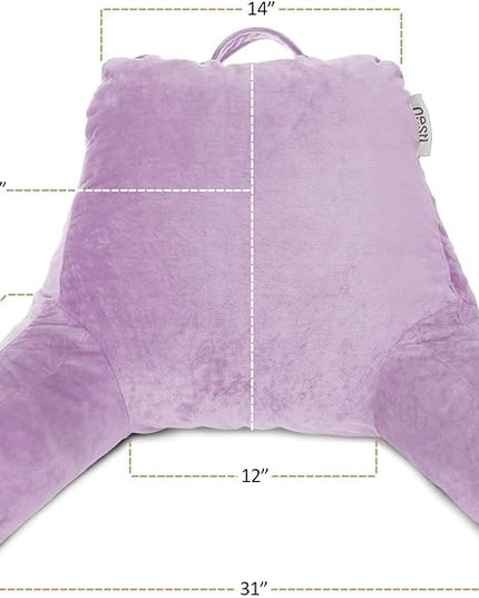 Nestl Reading Pillow with Portable Laptop Lap Desk, Velvet Feel Back Pillow for Sitting in Bed, Shredded Memory Foam Back Support Pillow for Bed, Bed Rest Pillow with Arms, Standard - Lavender - LeafyLoom