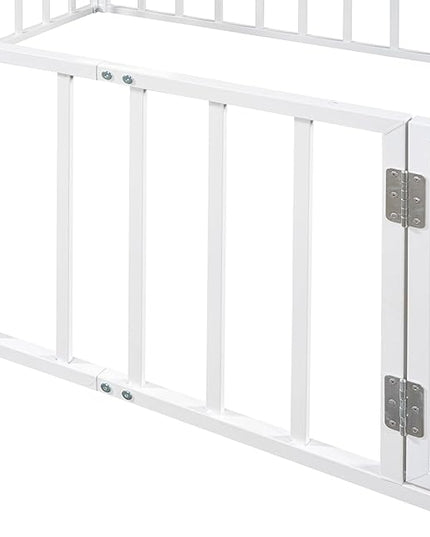 RITSU Queen Size Metal Floor Fence Bed, Montessori Bedframe, with Safety Guardrail and Door, for Children Bedroom, Boys Girls, Apartment, Strong & Durable, Easy to Assemble, White - LeafyLoom