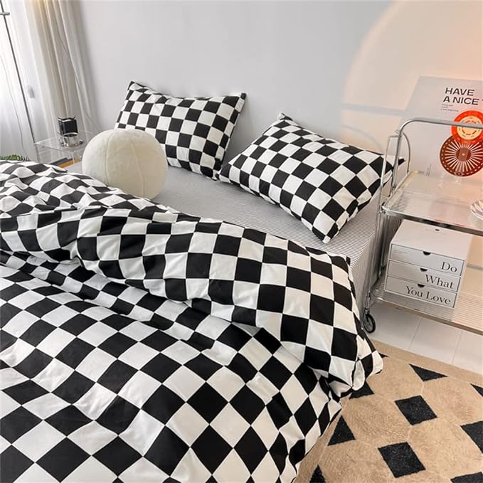 Wellboo Black White Plaid Comforter Sets King Women Men Black and White Checkerboard Grid Bedding Comforters Cotton Boys Girls Modern Black Checkered Geometric Quilts Luxury Abstract White Bedding - LeafyLoom
