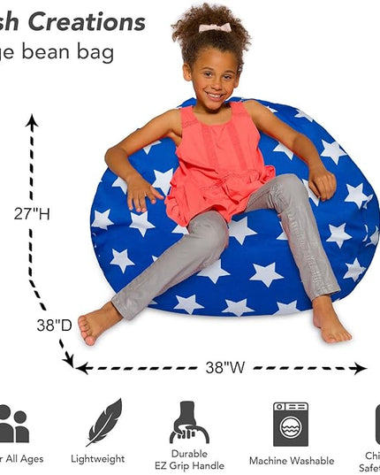 Posh Creations Bean Bag Chair for Kids, Teens, and Adults Includes Removable and Machine Washable Cover, 38in - Large, Canvas White Stars on Blue - LeafyLoom