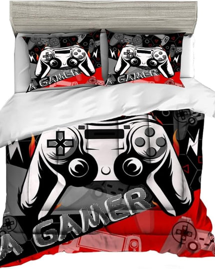 Sunnycitron Red Gamer Comforter Set for Boys Gaming Bedding Set Teens Game Room Decor Queen (1 Comforter + 2 Pillowcase) - LeafyLoom