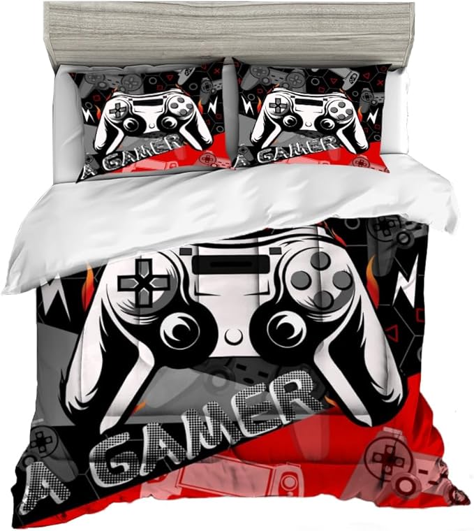 Sunnycitron Red Gamer Comforter Set for Boys Gaming Bedding Set Teens Game Room Decor Queen (1 Comforter + 2 Pillowcase) - LeafyLoom