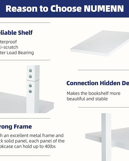 NUMENN Industrial Ladder Shelf, 5 Tier Book Shelf, Open Space Wall Mount Bookshelf with Metal Frame, Sturdy Book Shelves, Bookcase for Living Room, Home Office, White - LeafyLoom