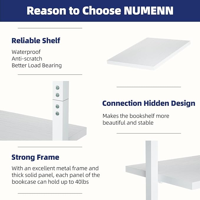NUMENN Industrial Ladder Shelf, 5 Tier Book Shelf, Open Space Wall Mount Bookshelf with Metal Frame, Sturdy Book Shelves, Bookcase for Living Room, Home Office, White - LeafyLoom
