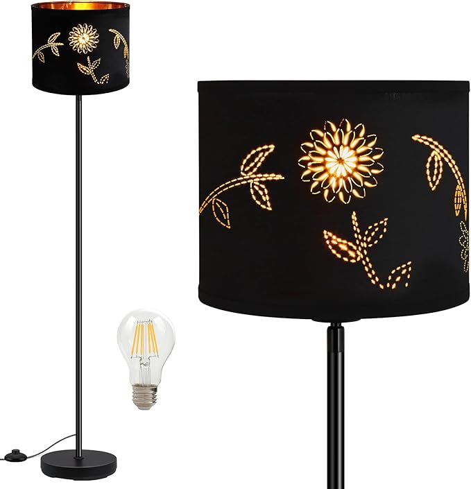 BoostArea Floor Lamp, Standing Lamp, 6W LED Floor Lamps with Black Lampshade, 2700K, Foot Switch, E26 Socket, 58" Tall Metal Pole Lamp, Simple Floor Lamps for Living Room/Bedroom/Farmhouse, Flower - LeafyLoom