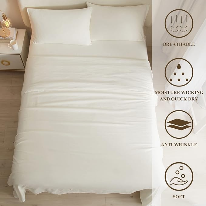 Cream White Twin Sheets Set 3 Piece Cooling Bedding Sheets Set - Breathable Bedding Sheets & Pillowcases Set - Easy Fit Deep Pockets 16 Inch,Twin Size Bed Sheets Cream - LeafyLoom