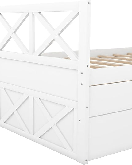 Twin Daybed with Storage Drawers and Trundle Bed, Wood Twin Size Captain’s Bed Frame for Bedroom Living Room Guest Room, White - LeafyLoom