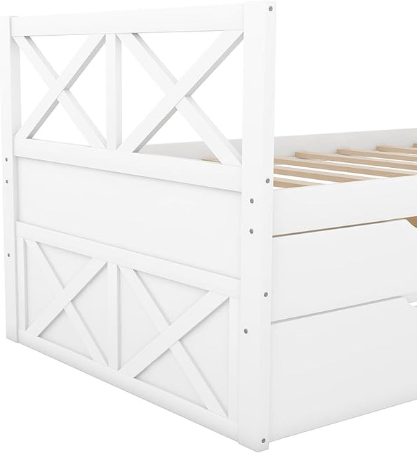 Twin Daybed with Storage Drawers and Trundle Bed, Wood Twin Size Captain’s Bed Frame for Bedroom Living Room Guest Room, White - LeafyLoom