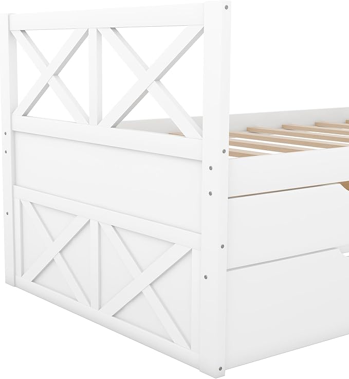 Twin Daybed with Storage Drawers and Trundle Bed, Wood Twin Size Captain’s Bed Frame for Bedroom Living Room Guest Room, White - LeafyLoom