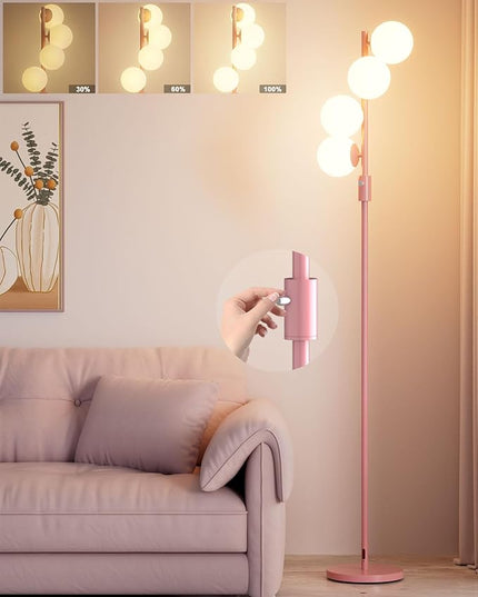 64IN Dimmable Pink Floor Lamp, Tall Standing Lamps with 4 Globe Soft Warm White Eye Care 3000K G9 Bulbs, Mid Century Modern Floor Lamp for Bedroom Office - LeafyLoom