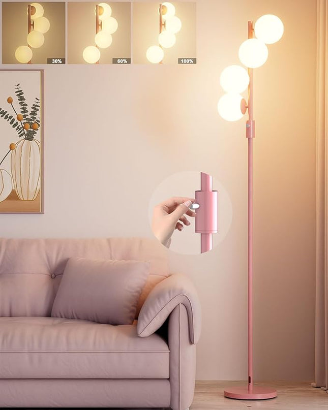 64IN Dimmable Pink Floor Lamp, Tall Standing Lamps with 4 Globe Soft Warm White Eye Care 3000K G9 Bulbs, Mid Century Modern Floor Lamp for Bedroom Office - LeafyLoom