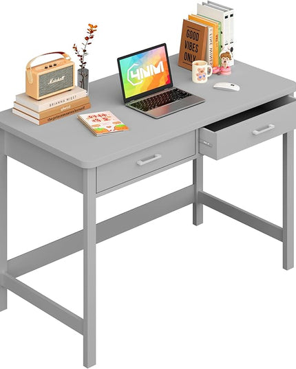 4NM 39.4" Small Desk with Wood Drawers, Home Office Computer Desk with Wooden Legs, Study Writing Table Vanity Desk for Small Spaces - Gray - LeafyLoom