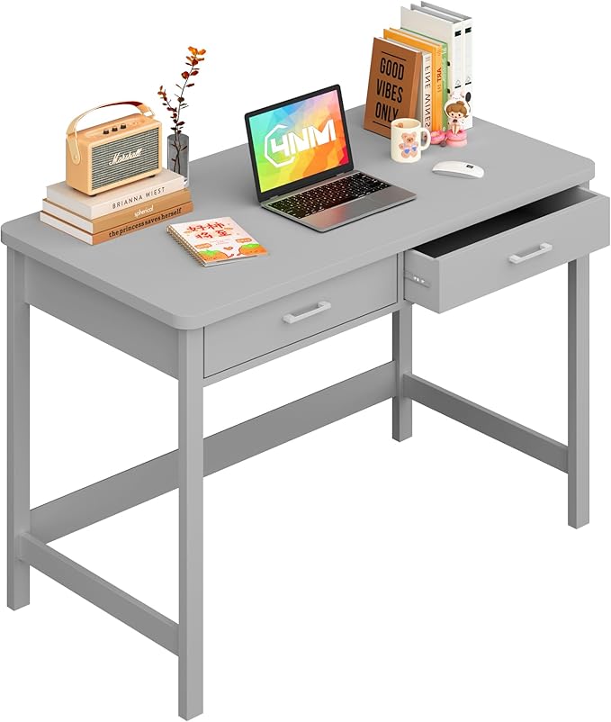 4NM 39.4" Small Desk with Wood Drawers, Home Office Computer Desk with Wooden Legs, Study Writing Table Vanity Desk for Small Spaces - Gray - LeafyLoom