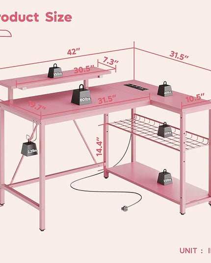 Bestier Gaming Desk with Power Outlets,42 LED Small Corner Computer Desk with Reversible Storage Shelves,L Shaped Desk with Hooks Workstation Desk for Office and Bedroom,Pink Carbon Fiber - LeafyLoom
