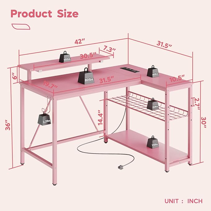 Bestier Gaming Desk with Power Outlets,42 LED Small Corner Computer Desk with Reversible Storage Shelves,L Shaped Desk with Hooks Workstation Desk for Office and Bedroom,Pink Carbon Fiber - LeafyLoom