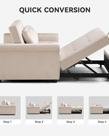 COMHOMA 55" Sleeper Sofa Bed, 3-in-1 Pull Out Couch with Adjustable Backrest and Pillows, Convertible Sleeper Couch for Living Room and Office (White) - LeafyLoom