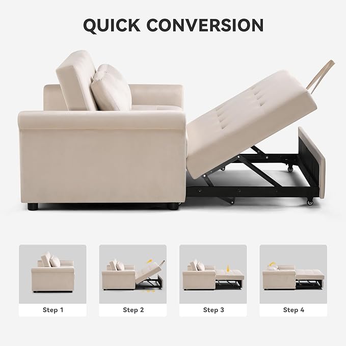 COMHOMA 55" Sleeper Sofa Bed, 3-in-1 Pull Out Couch with Adjustable Backrest and Pillows, Convertible Sleeper Couch for Living Room and Office (White) - LeafyLoom
