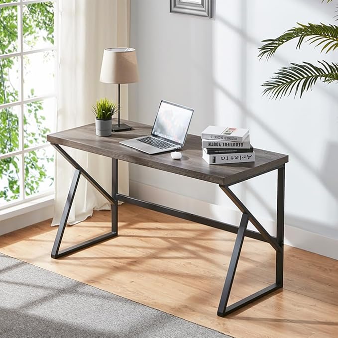 HSH Wood and Metal Home Office Computer Desk, Industrial Writing Study Table Workstation,Grey Laptop PC Desk, Wooden Computer Table, Gray Oak 47 Inch - LeafyLoom