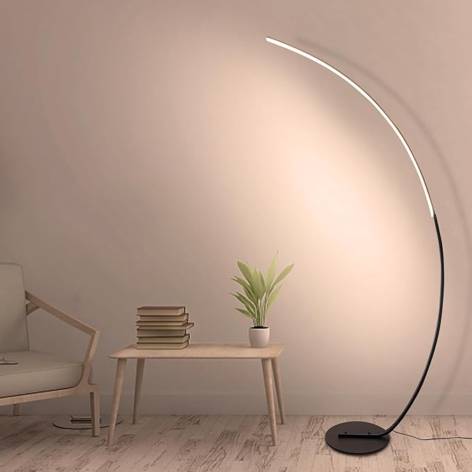Curved Floor Lamps for Living Room with Remote Control, Modern High Black LED Dimmable Arc Floor Lamp, 3 Color Temperature, Cool Unique Bedroom Office Floor Lamp - LeafyLoom