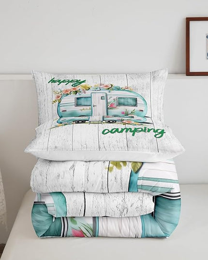 Girls Camper Comforter Set Camping Car Floral Down Comforter Twin Size Rustic Farmhouse Theme Bedding Set Camping Decor Retro Chic Flower Quilted Duvet Old Barn Door Vintage Wooden Style Duvet Set - LeafyLoom