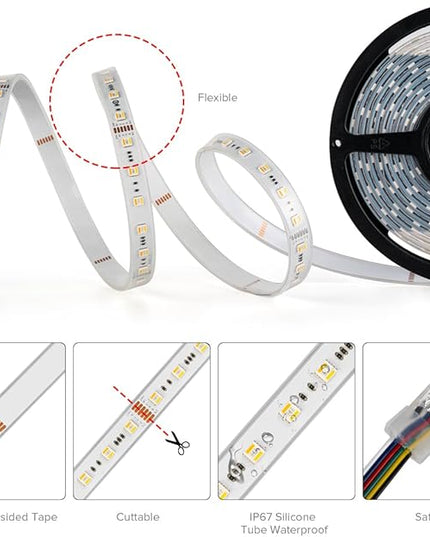 BTF-LIGHTING RGBCCT 5 Colors in 1 LED 5050SMD RGBWW RGB+Dimmable Tunable Color Temperature 2700K-6500K 16.4ft 60LEDs/m 300LEDs DC24V Multi-Colored Tape Lights IP67 White PCB(No Adapter or Controller) BTF-LIGHTING