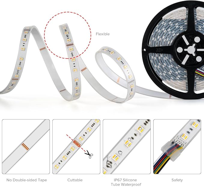 BTF-LIGHTING RGBCCT 5 Colors in 1 LED 5050SMD RGBWW RGB+Dimmable Tunable Color Temperature 2700K-6500K 16.4ft 60LEDs/m 300LEDs DC24V Multi-Colored Tape Lights IP67 White PCB(No Adapter or Controller) BTF-LIGHTING