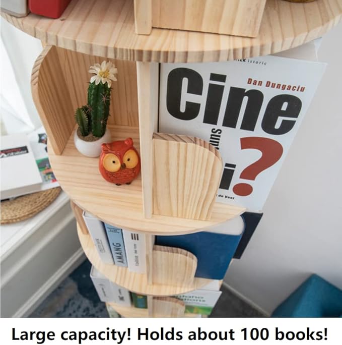 Rotating Bookshelf 360 Display 4 Tier Floor Standing Bookcase Storage Rack for Kids&Adults Solid Wood Bookshelf Organizer - LeafyLoom