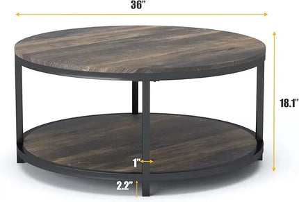 NSdirect 36 inches Round Coffee Table, Rustic Wooden Surface Top & Sturdy Metal Legs Industrial Sofa Table for Living Room Modern Design Home Furniture with Storage Open Shelf(Rustic Brown) - LeafyLoom