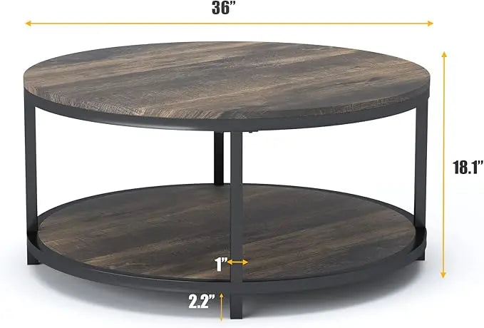 NSdirect 36 inches Round Coffee Table, Rustic Wooden Surface Top & Sturdy Metal Legs Industrial Sofa Table for Living Room Modern Design Home Furniture with Storage Open Shelf(Rustic Brown) - LeafyLoom
