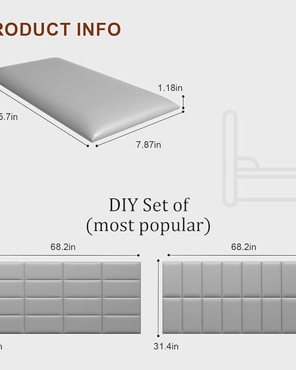 Peel and Stick Headboard Grey Upholstered Wall Panels, 10 Panels Sized 7.8" x 15.7", 3D Anti-Collision Soundproof Self-Adhesive Wall Panel for Bedroom，Living Room - LeafyLoom