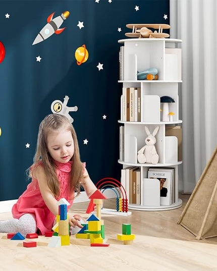 OTK Rotating Bookshelf, 360° Display Standing Book Shelf Organizer, 4 Tier Wooden Corner Bookshelves for Small Space, Small Bookcase Storage Rack for Kids' Room, StudyRoom, Bedroom, White - LeafyLoom