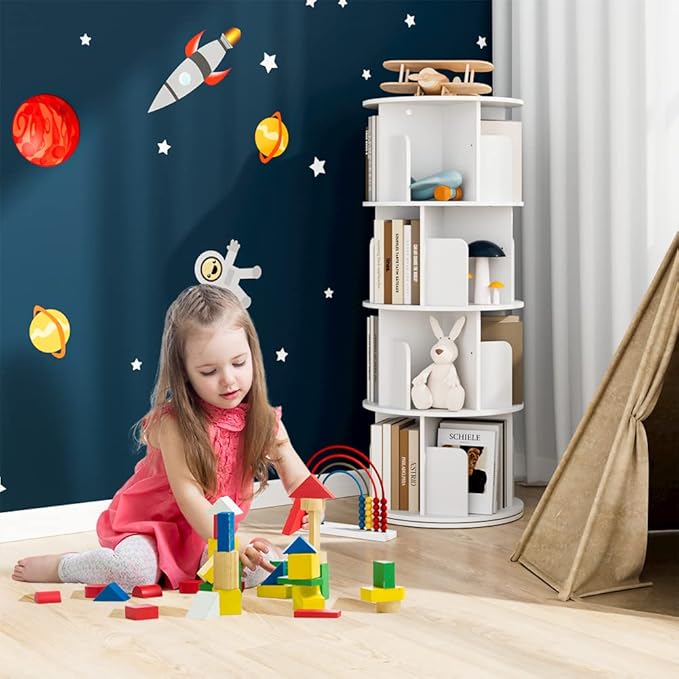 OTK Rotating Bookshelf, 360° Display Standing Book Shelf Organizer, 4 Tier Wooden Corner Bookshelves for Small Space, Small Bookcase Storage Rack for Kids' Room, StudyRoom, Bedroom, White - LeafyLoom