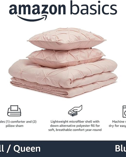 Amazon Basics All-Season Down-Alternative Comforter 3 Piece Bedding Set, Full/Queen, Blush, Pinched Pleat With Piped Edges - LeafyLoom