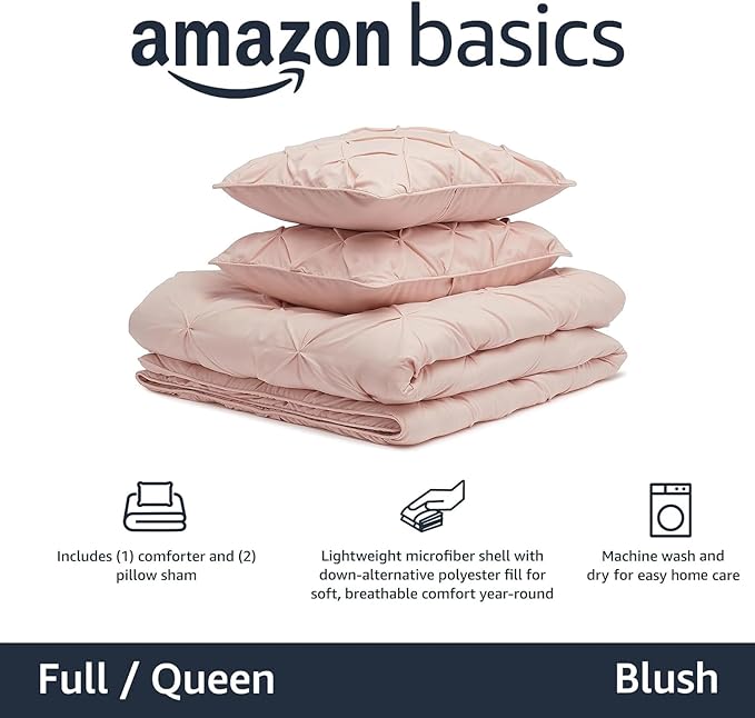 Amazon Basics All-Season Down-Alternative Comforter 3 Piece Bedding Set, Full/Queen, Blush, Pinched Pleat With Piped Edges - LeafyLoom