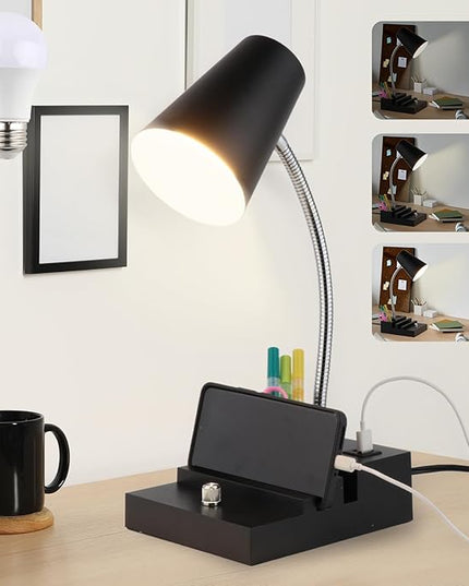 Study Desk Lamp with USB Charging and Type-C Night Light, Gooseneck LED Table Lamp Stepless Dimming Study Table Lamp with Pen Holder for College Dorm Bedroom and Office (Black) - LeafyLoom