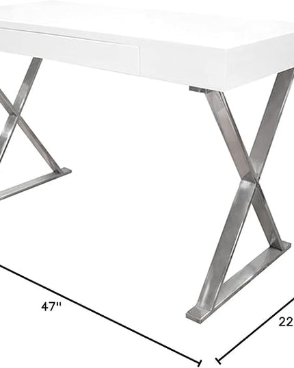 Best Master Furniture Barry Mid-Century High Gloss Home Office Desk with Gold Trim Frame, Silver - LeafyLoom