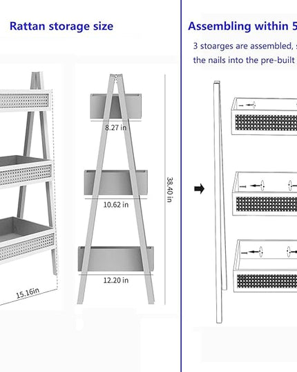 ZYBT Ladder Bookshelf, 3-Tier Rattan Bookshelf, Free Standing Bookcase, Blanket Ladder, Wood Organizer Storage Shelves for Living Room Bedroom Kitchen Bathroom Balcony and Home Office - LeafyLoom