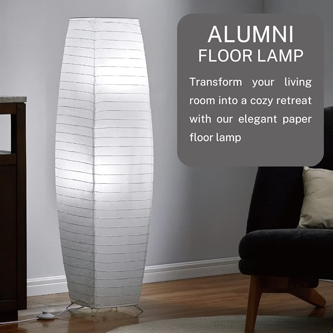 LIGHTACCENTS Japanese Style Rice Paper Floor Lamp - 50 Inches Tall Living Room Paper Lamp with White Paper Shade and Chrome Base, On/Off Foot Switch - Ideal as Paper Floor Lamps for Living Room - LeafyLoom