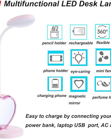 Pink Desk Lamp for Girls Bedroom Cute Desk Lamp 6 in 1 Eye-Caring Study Table Lamp for Kids Girls Women College Dorm Bedroom Reading,Stepless Dimming - LeafyLoom