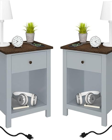 ChooChoo Nightstand Set of 2,Night Stand with Charging Station, Wooden Top Bedside End Table with Drawer and Storage Space for Bedroom, Gray - LeafyLoom