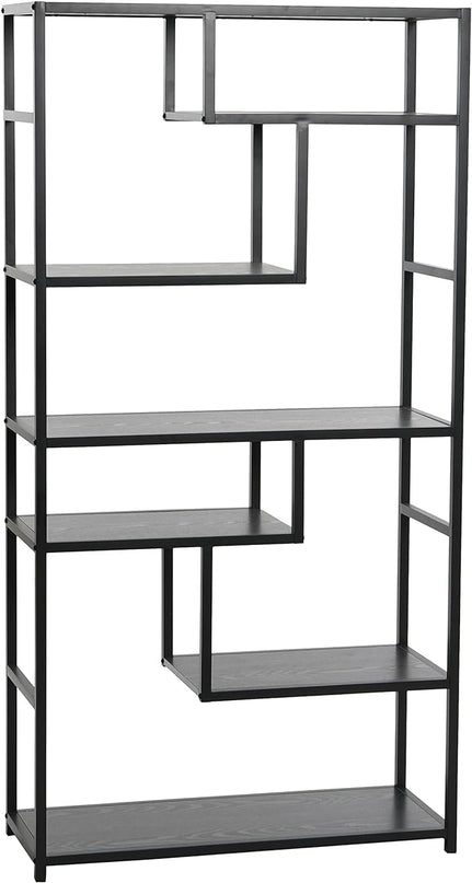 Household Essentials Black Oak Geometric Tall Open Book Shelf | Mid Century Modern Shelves - LeafyLoom