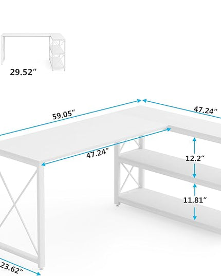Tribesigns Reversible Industrial L-Shaped Desk with Storage Shelves, Corner Computer Desk PC Laptop Study Table Workstation for Home Office Small Space (White, 59") - LeafyLoom
