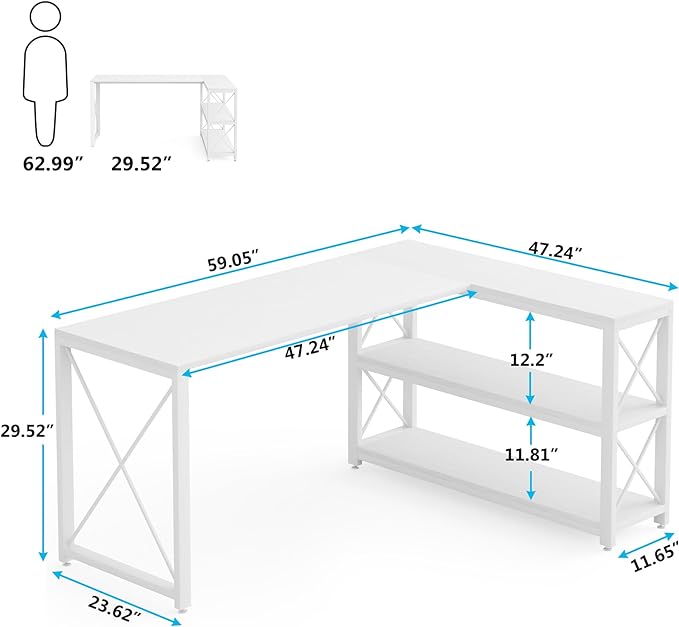 Tribesigns Reversible Industrial L-Shaped Desk with Storage Shelves, Corner Computer Desk PC Laptop Study Table Workstation for Home Office Small Space (White, 59") - LeafyLoom